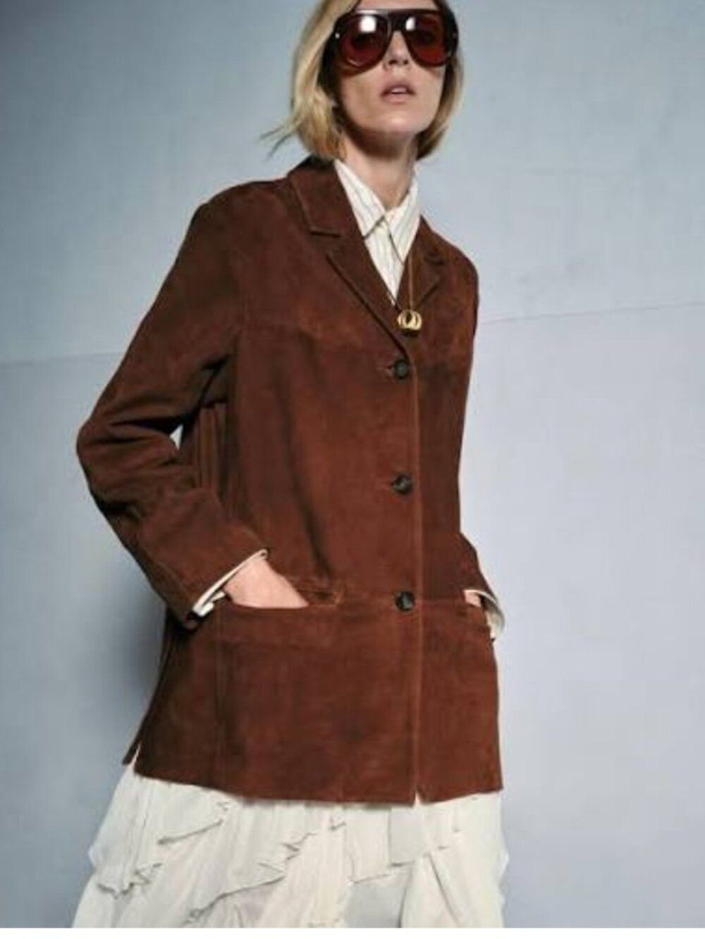 Zara Womens Blazer Jacket Coat Suede Leather M Brown Oversized 1966/244 NWOT